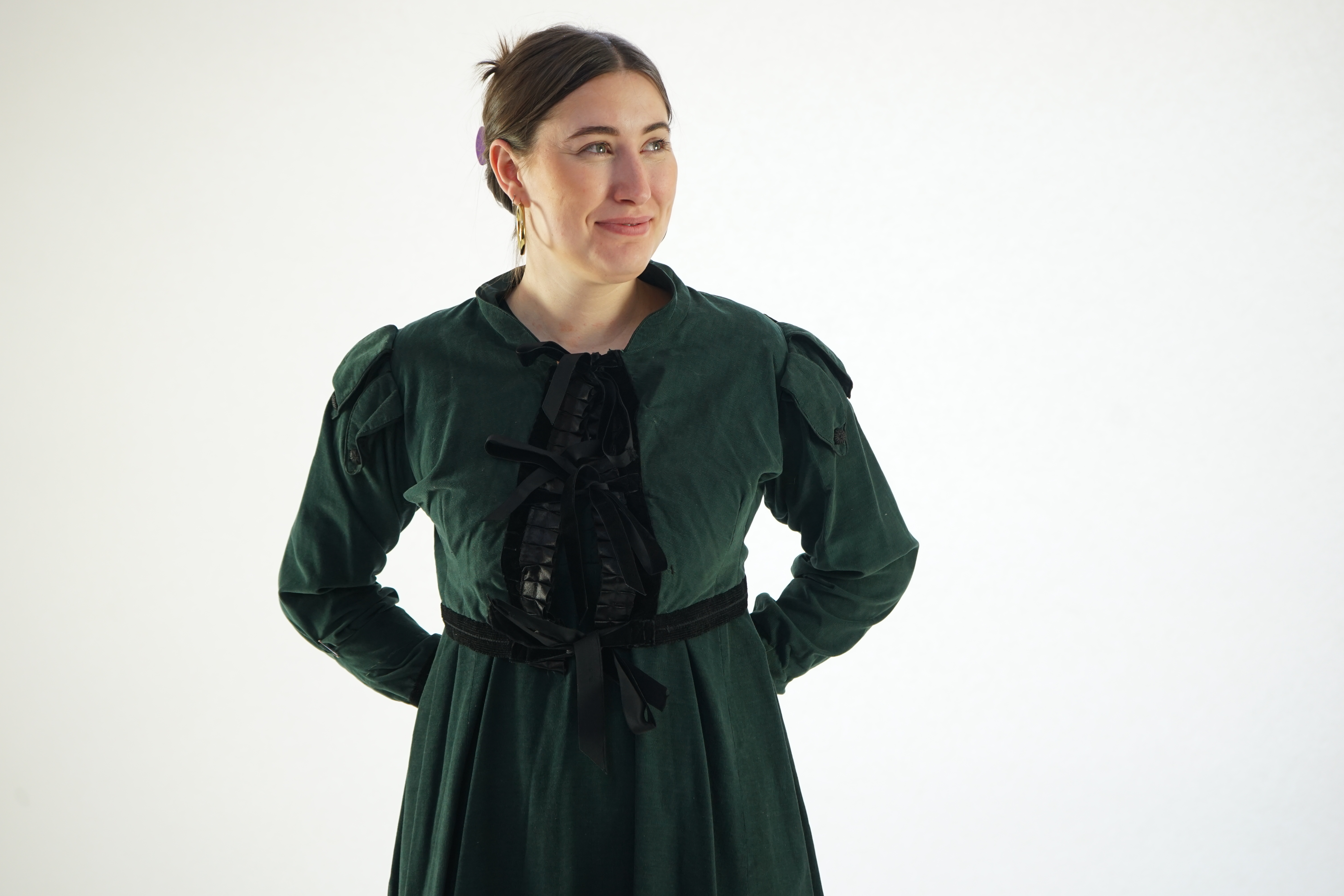 Two lady's Regency style day dresses (1 x dark green taffeta dress with brown short jacket and 1 x bottle green fine cord day dress and short matching jacket)., Ex Carl Rosa Opera Company.